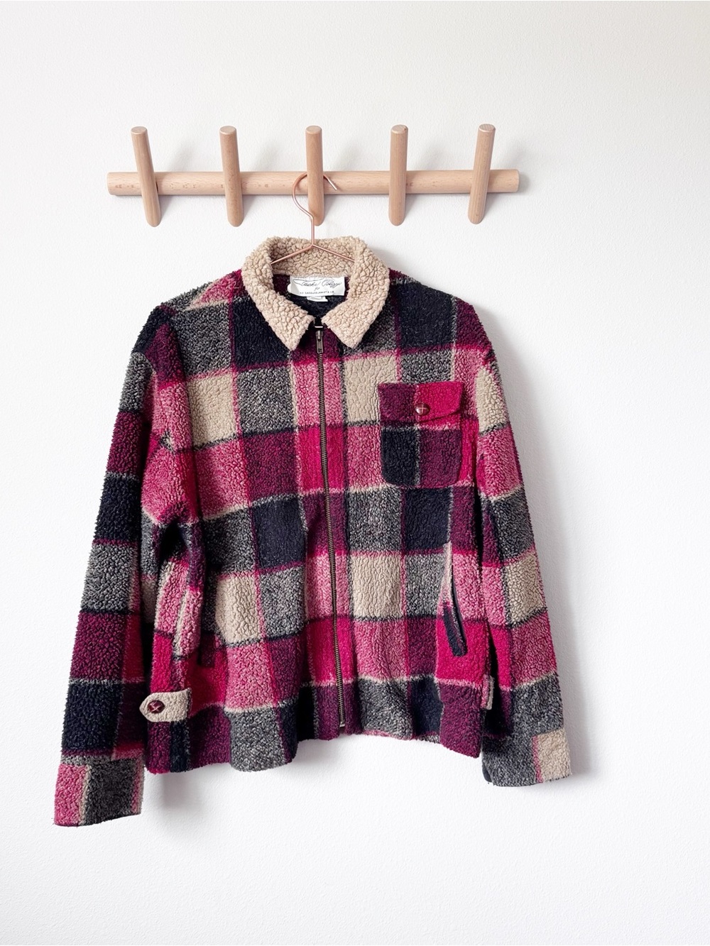 Tasha Polizzi  for T.P. Sadelbasket  Red Black Cream Plaid Sherpa Jacket
